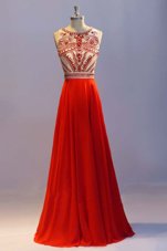 Popular Scoop Sleeveless Floor Length Beading and Pleated Side Zipper Prom Dresses with Coral Red