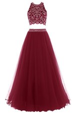 Elegant Halter Top Burgundy Sleeveless Tulle Zipper Evening Outfits for Prom and Party