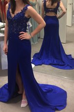 Graceful Royal Blue Sleeveless Satin Sweep Train Backless Prom Party Dress for Prom and Party
