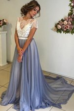Noble Scoop Grey Cap Sleeves Court Train Lace and Bowknot Dress for Prom