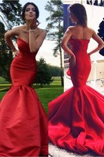 Mermaid Red Sweetheart Neckline Pleated Prom Evening Gown Sleeveless Zipper