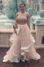 Scoop Sequins Floor Length A-line Sleeveless Champagne Prom Gown Zipper