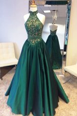 Halter Top Sleeveless Sweep Train Beading and Lace Zipper Prom Evening Gown