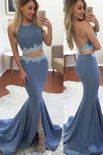 Chic Mermaid Blue Elastic Woven Satin Backless Halter Top Sleeveless Prom Evening Gown Sweep Train Lace