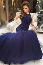 Most Popular Mermaid Tulle Scoop Sleeveless Backless Beading High School Pageant Dress in Navy Blue