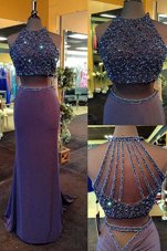 Stunning Scoop Sleeveless Formal Dresses Floor Length Beading Purple Elastic Woven Satin