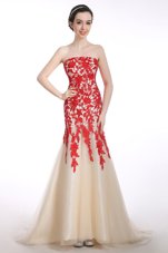 Fabulous Mermaid Sleeveless Appliques Lace Up Evening Dress with Red and Champagne Brush Train