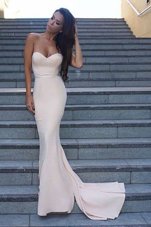 High Class Sweep Train Mermaid Prom Dresses White Sweetheart Elastic Woven Satin Sleeveless Backless