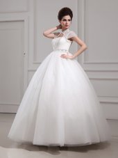 Halter Top Floor Length White Wedding Dress High-neck Cap Sleeves Lace Up