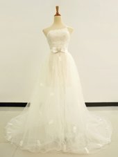 One Shoulder Sleeveless Brush Train Lace Up Wedding Gowns White Tulle