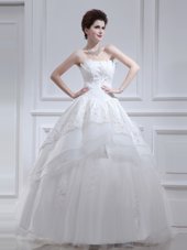 Exceptional White A-line Strapless Sleeveless Organza and Taffeta Floor Length Lace Up Beading and Appliques and Ruffled Layers Wedding Dress