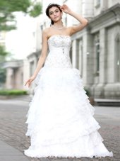 White A-line Strapless Sleeveless Organza Floor Length Lace Up Beading and Ruffles and Ruffled Layers Wedding Gown