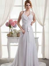 Halter Top White Lace Up Wedding Gown Lace and Appliques and Ruching and Bowknot Sleeveless