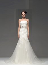 Luxurious Mermaid White Strapless Side Zipper Lace and Appliques Wedding Dress Brush Train Sleeveless