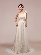 Shining White One Shoulder Lace Up Ruching and Hand Made Flower Bridal Gown Brush Train Sleeveless