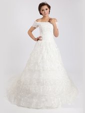 Comfortable White A-line Off The Shoulder Short Sleeves Lace With Train Court Train Lace Up Lace Wedding Gown