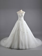 Stylish Tulle and Lace Straps Cap Sleeves Court Train Lace Up Lace and Appliques Wedding Dresses in White