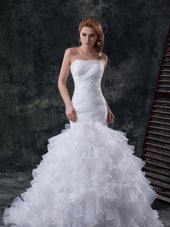 Fancy White Lace Up Wedding Gown Lace and Appliques Cap Sleeves With Train Chapel Train