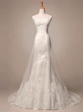 Sumptuous White Mermaid Strapless Sleeveless Tulle and Lace Court Train Lace Up Lace and Appliques Wedding Dresses