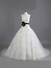 Smart Tulle Sweetheart Sleeveless Court Train Lace Up Beading and Appliques and Belt Wedding Dress in White
