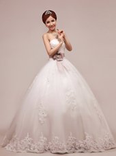 Ideal Sequins Floor Length Lace Up Wedding Gown White and In for Wedding Party with Lace and Appliques and Ruching and Belt