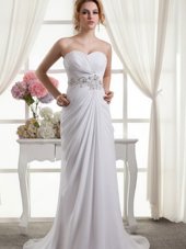 Fashionable White A-line Sweetheart Sleeveless Chiffon Sweep Train Lace Up Beading and Ruching Wedding Dresses