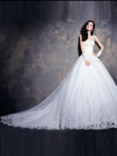 White A-line Tulle Sweetheart Cap Sleeves Beading and Appliques With Train Lace Up Bridal Gown Court Train