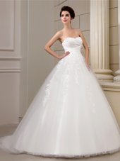 White Tulle Lace Up Sweetheart Sleeveless With Train Bridal Gown Court Train Appliques