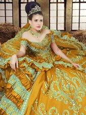 Fancy Off the Shoulder Sleeveless Floor Length Embroidery Lace Up Quinceanera Gown with Gold