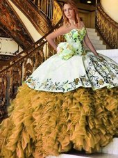 Yellow And White Lace Up Quinceanera Dresses Appliques and Embroidery Sleeveless Floor Length