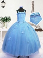 Modern Baby Blue Ball Gowns Spaghetti Straps Sleeveless Tulle Floor Length Zipper Beading and Appliques Girls Pageant Dresses