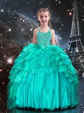 High End Aqua Blue Sleeveless Floor Length Beading and Ruffles Lace Up Little Girl Pageant Dress
