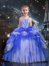 Sweet Organza Spaghetti Straps Sleeveless Lace Up Beading and Ruffles Teens Party Dress in Blue