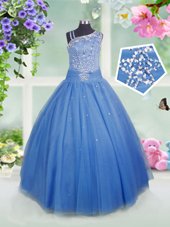 Floor Length Baby Blue Party Dress for Toddlers Asymmetric Sleeveless Side Zipper