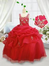 Custom Fit Pick Ups Straps Sleeveless Lace Up Little Girls Pageant Gowns Coral Red Organza