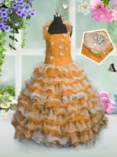 Cute Floor Length Orange Pageant Gowns For Girls Organza Sleeveless Beading and Appliques and Ruffled Layers