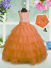 Orange Straps Zipper Beading and Ruffled Layers and Bowknot Little Girl Pageant Dress Sleeveless