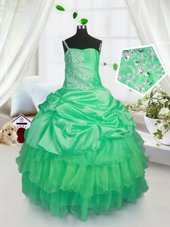 Strapless Sleeveless Little Girl Pageant Gowns Floor Length Beading and Ruffled Layers and Pick Ups Apple Green Satin and Tulle