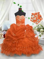 Popular Pick Ups Ruffled Orange Sleeveless Organza Lace Up Little Girl Pageant Gowns for Party and Wedding Party