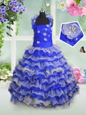 Royal Blue Lace Up Straps Beading and Appliques and Ruffled Layers Little Girl Pageant Gowns Organza Sleeveless