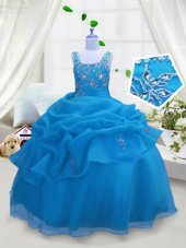 Simple Aqua Blue Lace Up Straps Beading and Pick Ups Kids Pageant Dress Organza Sleeveless