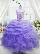 Dramatic Organza Sleeveless Floor Length Little Girl Pageant Dress and Beading and Ruffles and Pick Ups