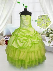 One Shoulder Floor Length Yellow Green Little Girl Pageant Gowns Satin and Tulle Sleeveless Beading and Ruffled Layers and Pick Ups