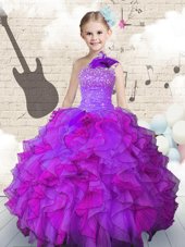 High End One Shoulder Floor Length Ball Gowns Sleeveless Purple Little Girls Pageant Gowns Lace Up
