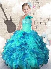 Most Popular One Shoulder Aqua Blue Ball Gowns Beading and Ruffles Juniors Party Dress Lace Up Organza Sleeveless Floor Length