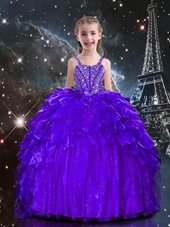 Floor Length Ball Gowns Sleeveless Dark Purple Kids Pageant Dress Lace Up