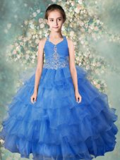 Halter Top Beading and Ruffled Layers Little Girls Pageant Dress Wholesale Baby Blue Zipper Sleeveless Floor Length