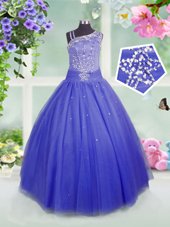 Excellent Blue Asymmetric Side Zipper Beading Kids Pageant Dress Sleeveless