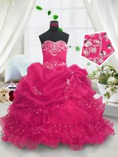 Beading and Ruffled Layers and Pick Ups Little Girls Pageant Dress Hot Pink Lace Up Sleeveless Floor Length