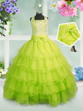 Floor Length Apple Green Juniors Party Dress Organza Sleeveless Beading and Ruffled Layers